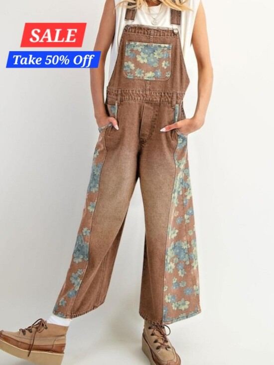 Denim - Brown Floral Denim Wide Leg Overalls for Women. Multiple  Sizes Available